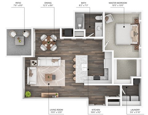 Floor plan for 1 bed, 1 bath, 848 sqft